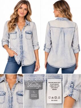 Vanity Women’s Denim Chambray Button Down Shirt Size S Long Sleeve Western Style